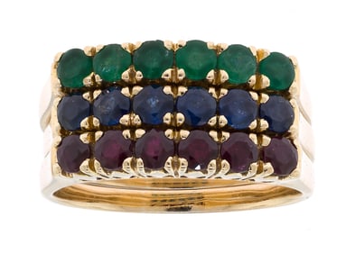14K GOLD SAPPHIRE, RUBY & EMERALD STACKING RINGS.