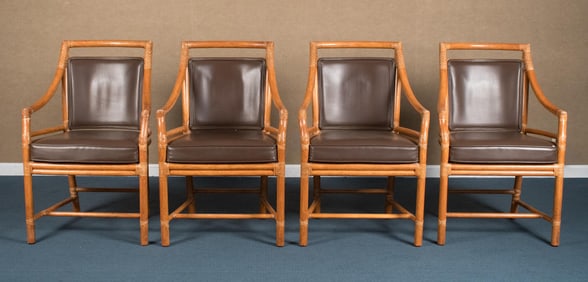 FOUR MCGUIRE RATTAN TARGET ARMCHAIRS.
