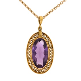 ANTIQUE 18K GOLD AMETHYST PENDANT & 14K GOLD CHAIN.