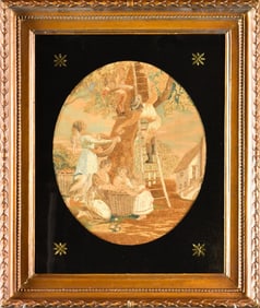 19TH C. SILK EMBROIDERY, HARVEST SCENE.