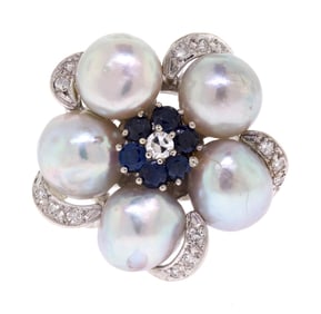 VINTAGE 14K BLUE AKOYA PEARL, SAPPH. & DIAM. RING.