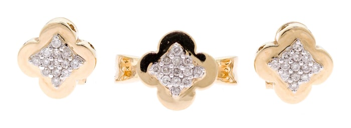 14K GOLD QUATREFOIL DIAMOND RING & MATCHING CLIP-ONS.