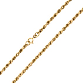 18K YELLOW GOLD ROPE CHAIN NECKLACE.
