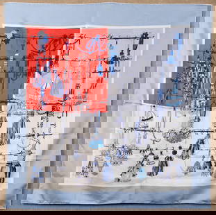 HERMES SILK PASSEMENTERIE SCARF.: A Hermes Passementerie 100% silk shawl/large scarf, with tassels in blue, red, and white, 49&#8221; from corner to corner.