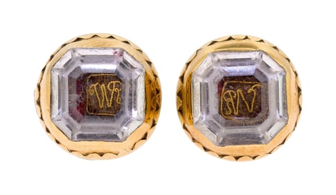 ENGLISH 14K GOLD STUART CRYSTAL STUD EARRINGS.