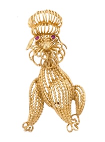 VINTAGE 14K GOLD POODLE PIN W/ RUBY EYES.
