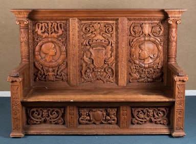 LATE 19TH C. CARVED WALNUT MONASTERY BENCH.