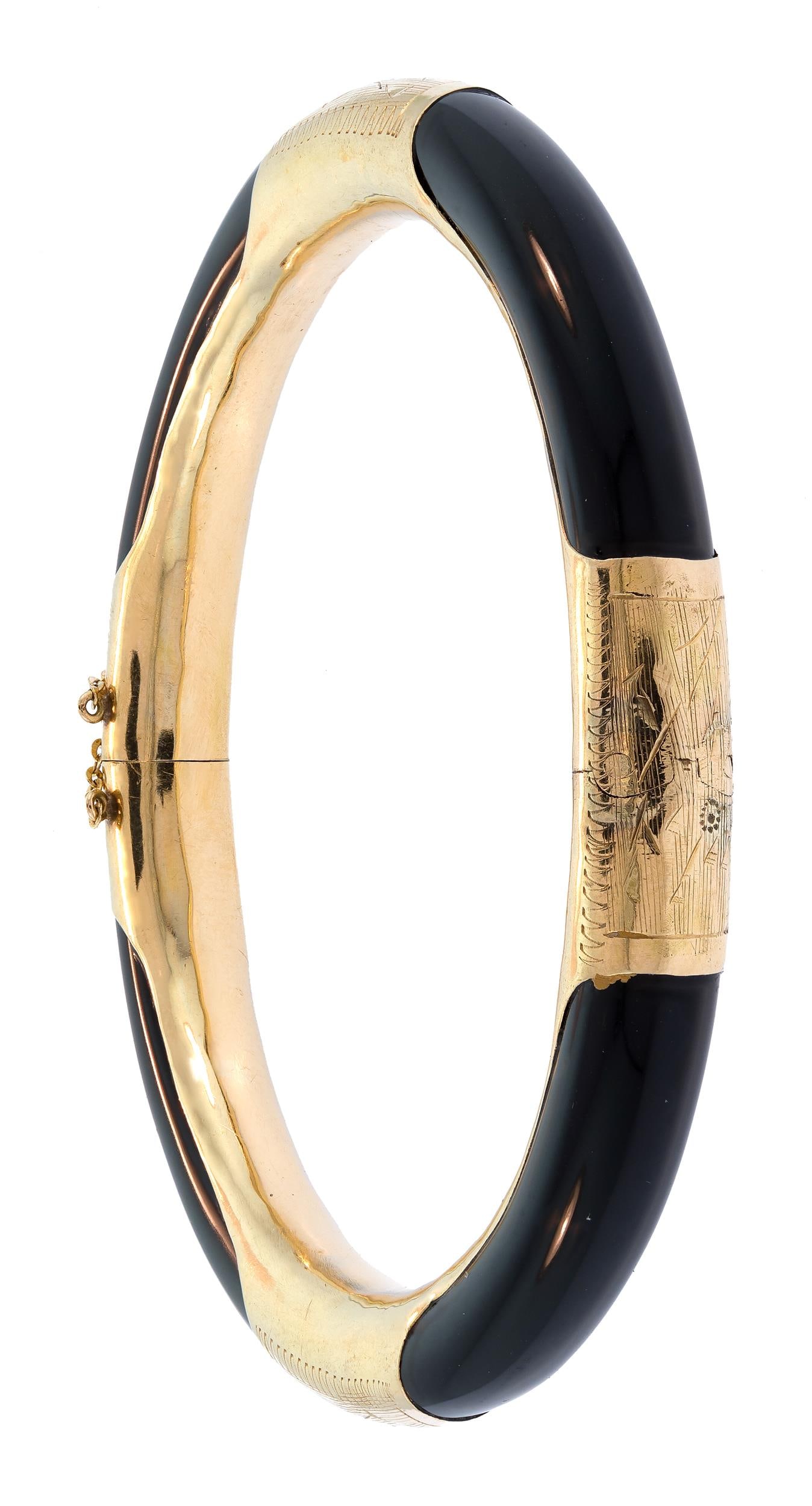 VINTAGE 14K GOLD BLACK ONYX HINGED BANGLE BRACELET. (1 of 9)