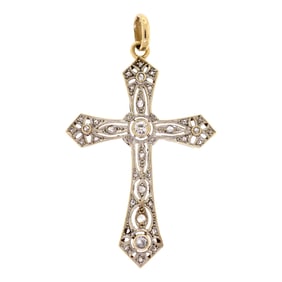EDWARDIAN 14K GOLD DIAMOND FILIGREE CROSS.