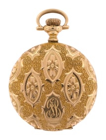 ANTIQUE 14K WALTHAM HUNTING POCKET WATCH & CHAIN.