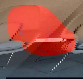 EERO SAARINEN FOR KNOLL STYLE WOMB CHAIR.: A vintage Eero Saarinen for Knoll style womb chair (no labels or markings) with chrome legs and upholstered in a textured coral fabric.35.5”H x 40.5”W x 31”D x 16” seat H.