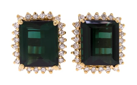 18K & 14K GOLD GREEN TOURMALINE & DIAMOND CLIP-ONS.