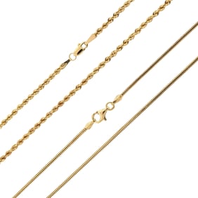 TWO 18K GOLD CHAINS, SNAKE & ROPE.