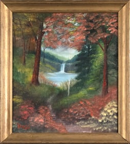 ROSS SIGNED OIL, LANDSCAPE WITH WATERFALL.