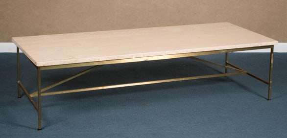 VINTAGE PAUL MCCOBB TRAVERTINE & BRASS COFFEE TABLE.