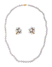 VINTAGE 14K GOLD BLUE AKOYA POST EARRINGS & NECKLACE.