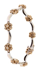 14K WHITE & YELLOW GOLD DAISY DIAMOND LINK BRACELET.