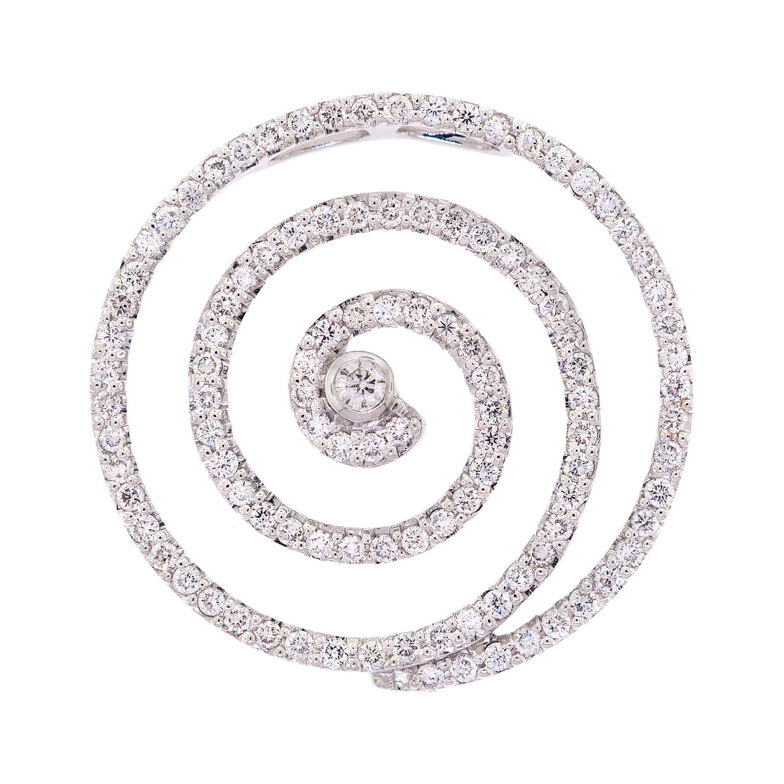 18K WHITE GOLD SPIRAL DIAMOND PENDANT.: An 18k white gold (stamped) spiral pendant set with approx. .54 ct. tw. round brilliant cut, natural diamonds of F-G color and VS clarity, 7/8 inches long, 4.0 grams. Tested as natural mined diamonds.