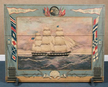 ANTIQUE PAINTED WOOD FIRE BOARD, SHIP JOHN BRYANT.
