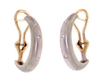 14K GOLD HALF HOOP DIAMOND EARRINGS.