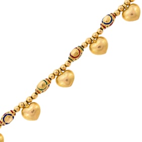 18K GOLD PUFFED HEART & ENAMEL BEAD BRACELET.