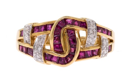 18K GOLD CHANNEL SET RUBY & DIAMOND BAND.