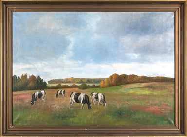 20TH C. OIL ON CANVAS, COWS IN LANDSCAPE.