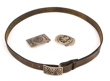 THREE STERLING OVERLAY NAVAJO BELT BUCKLES & BELT.