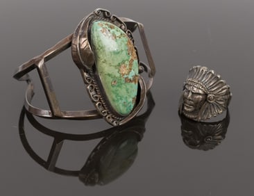 STERLING NATIVE AMERICAN TURQUOISE CUFF & RING.