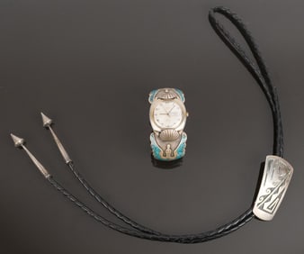 STERLING NAVAJO WATCH CUFF & OVERLAY BOLO TIE.