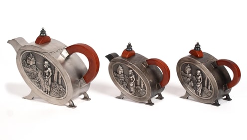 VINTAGE HALSTED SILVER DECO TEA SET, 3PCS.