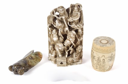 JAPANESE CARVED BOX, STONE CICADA AND BONE CARVING.