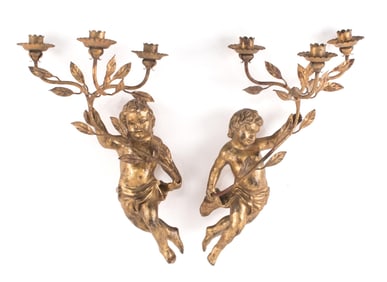 PR. ANTIQUE GILT CHERUB WALL SCONCES.