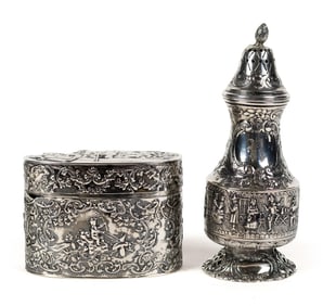 EUROPEAN SILVER BOX AND SUGAR SHAKER.