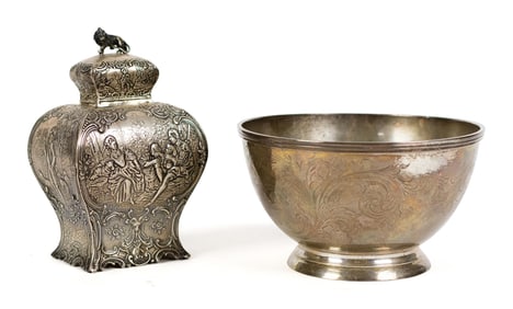 EUROPEAN SILVER TEA CADDY, PEAR & BACALL STERLING.