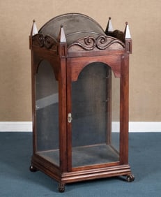 INTERESTING ANTIQUE CARVED DISPLAY CASE.