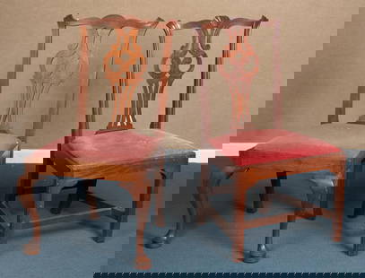 TWO 18TH C. MA SIDE CHAIRS.: A Queen Anne Massachusetts carved mahogany side chair, with owl eye splat, and cabriole legs ending in pad feet. 38”H x 21.5”W x 20”D x 17” seat H. A Massachusetts Chippendale