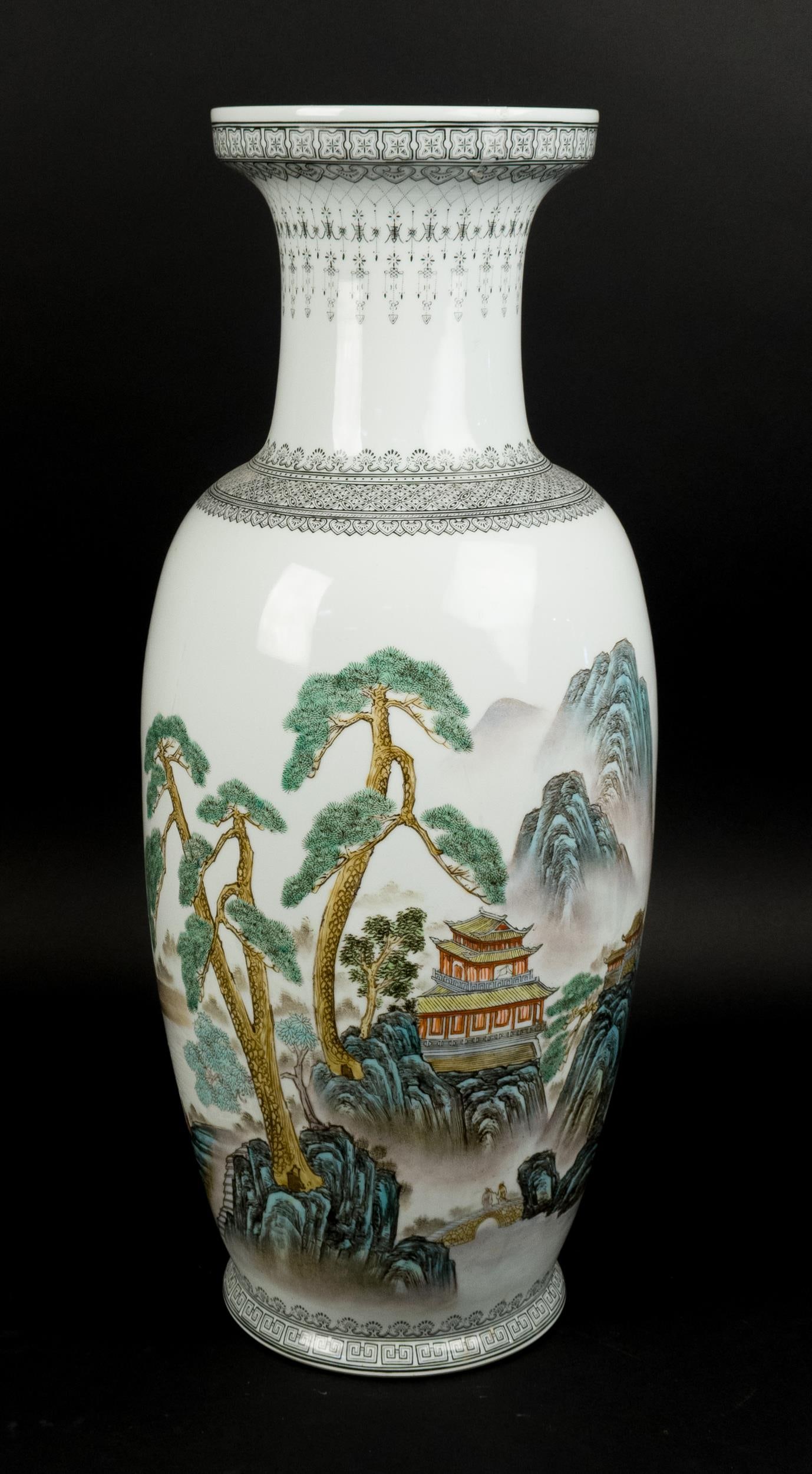 VINTAGE CHINESE PORCELAIN FAMILLE VERTE VASE.: A large 20th C. Chinese porcelain famille verte vase, decorated with mountain landscape, pagodas, and lake with boat. 24”H x 10” dia.