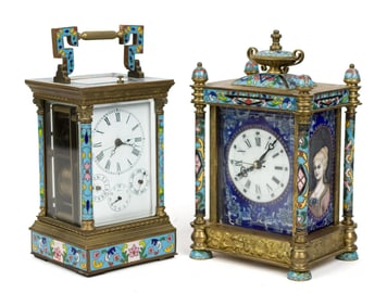 TWO ANTIQUE CHAMPLEVE CARRIAGE CLOCKS.