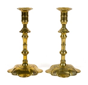 GOOD PR. 18TH C. QA BRASS CANDLESTICKS.