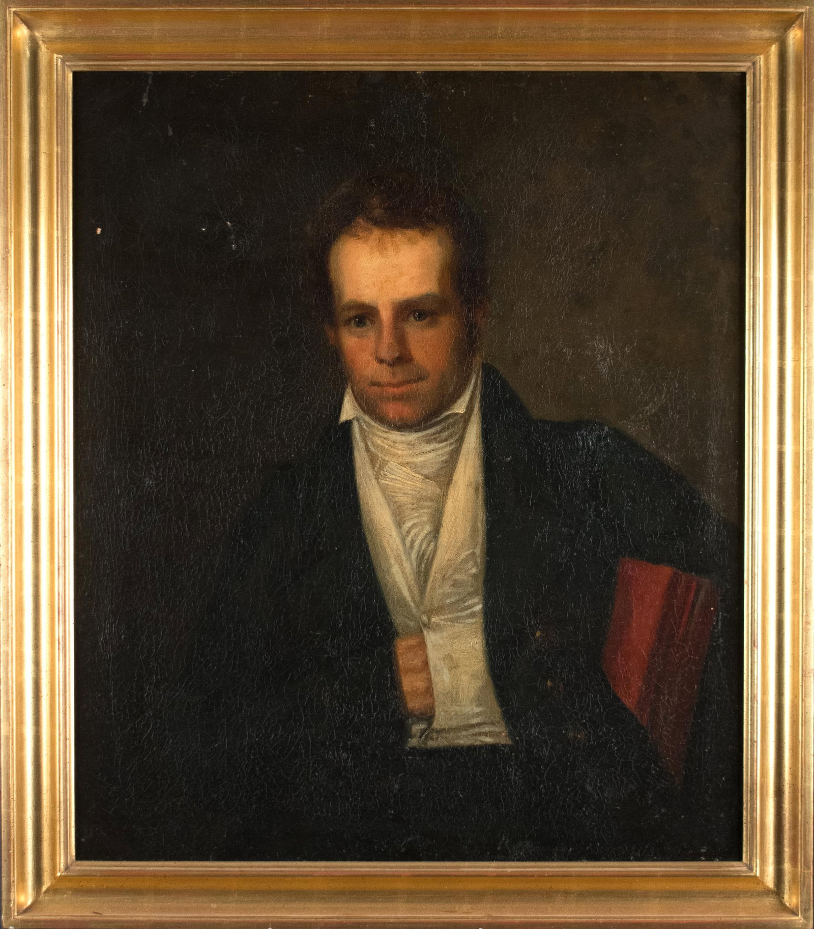 PORTRAIT OF GENTLEMAN, PHILADELPHIA ORIGIN.: A 19th C. oil on canvas, portrait of a gentleman in black coat, Philadelphia origin. Canvas 30” x 25”, Overall in frame 34.5” x 29.5”.