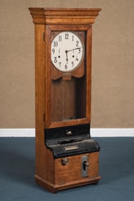 E.M. CURRIER OAK PUNCH CARD TIME CLOCK.