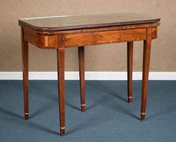EARLY 19TH C. INLAID MAHOGANY CARD TABLE.