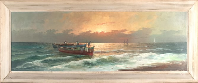 20TH C. PANORAMIC OIL, FISHERMAN.