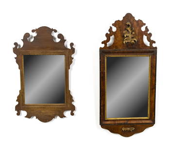 18TH C. Q.A. AND CHIPPENDALE WALL MIRRORS.: An 18th C. Queen Anne walnut mirror, with high crest and gilt decorated details. 27”H x 12”W. Along with an 18th C. Chippendale mahogany mirror, 20.75”H x 13”W.