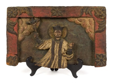 EARLY SPANISH COLONIAL PAINTED WOOD PANEL FRAGMENT.
