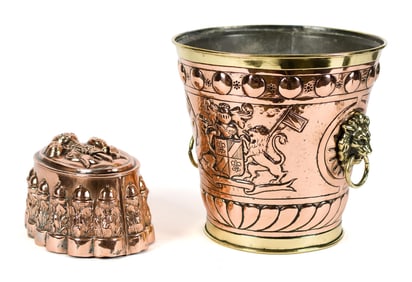ANTIQUE ENGLISH COPPER WINE COOLER AND JELLY MOLD.