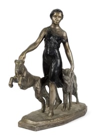 ART DECO IRON SCULPTURE, WOMAN WITH DOGS.