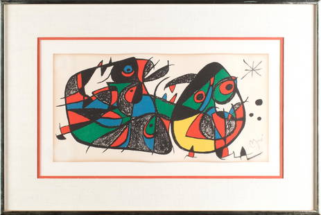 JOAN MIRO PRINT, ABSTRACT.: Joan Miro (Spain, 1893-1983) print on paper, abstract, signed in plate Miro. Paper 8” x 16”, Frame 15.5” x 23”.