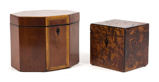 TWO ANTIQUE TEA CADDIES.